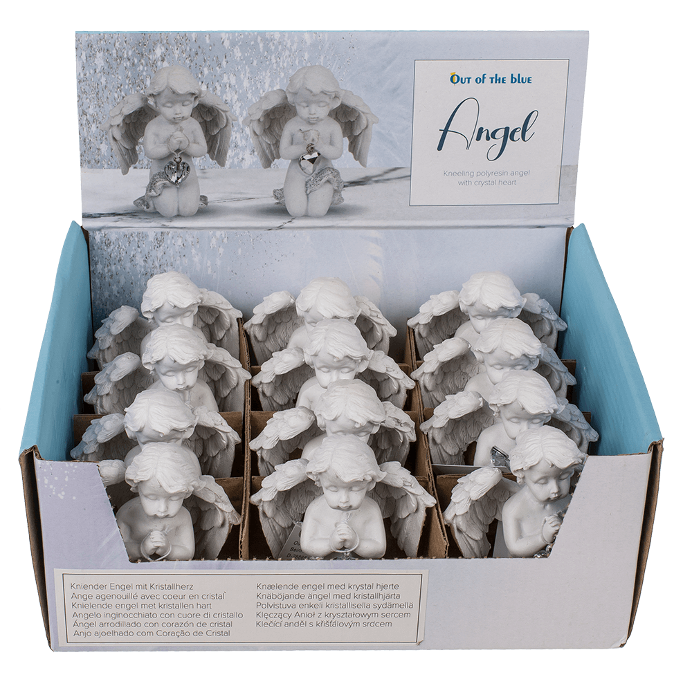 Kneeling polyresin angel with crystal heart,