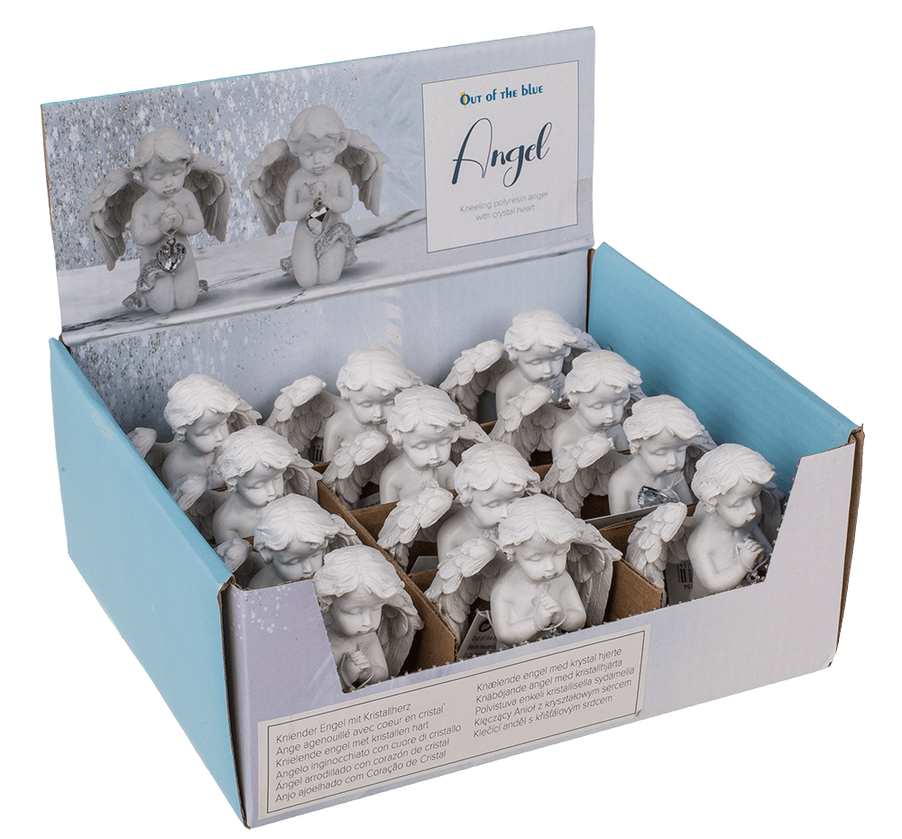 Kneeling polyresin angel with crystal heart,