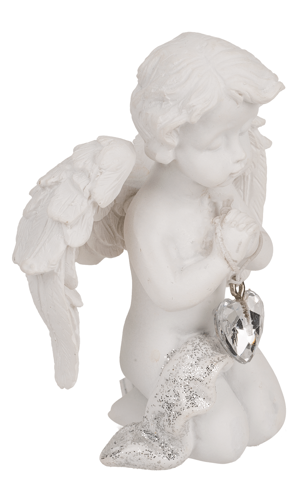 Kneeling polyresin angel with crystal heart,