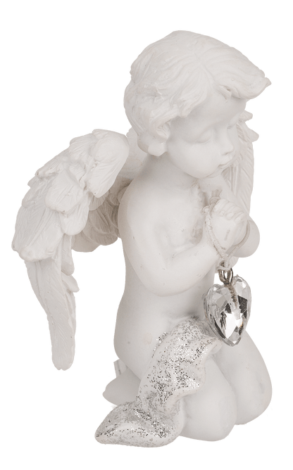 Kneeling polyresin angel with crystal heart,