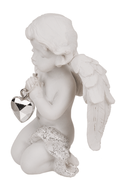 Kneeling polyresin angel with crystal heart,
