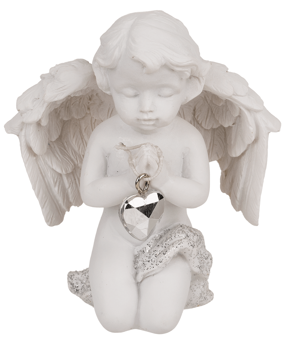 Kneeling polyresin angel with crystal heart,
