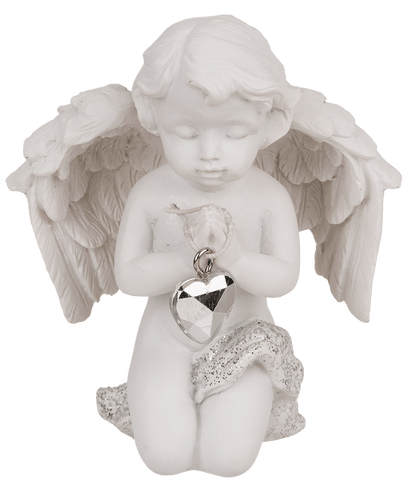Kneeling polyresin angel with crystal heart,