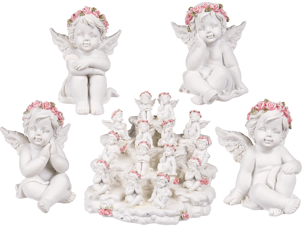 Polyresin angel with pink rosary,