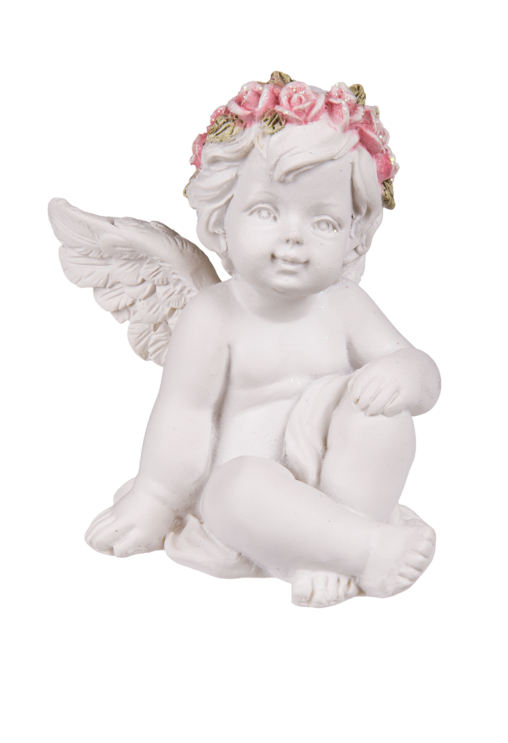 Polyresin angel with pink rosary,
