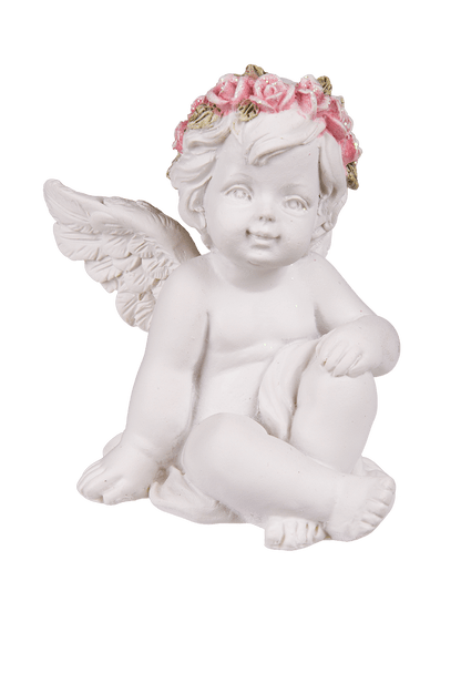 Polyresin angel with pink rosary,