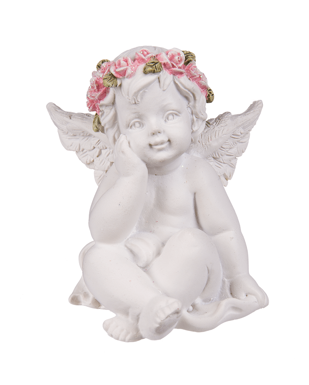 Polyresin angel with pink rosary,