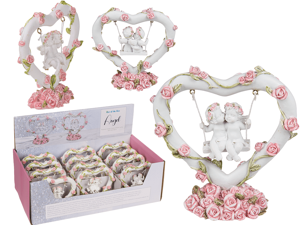 Polyresin angel couple in heart swing with pink,