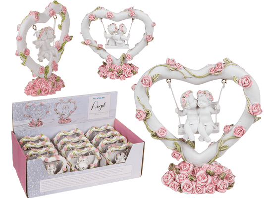 Polyresin angel couple in heart swing with pink,