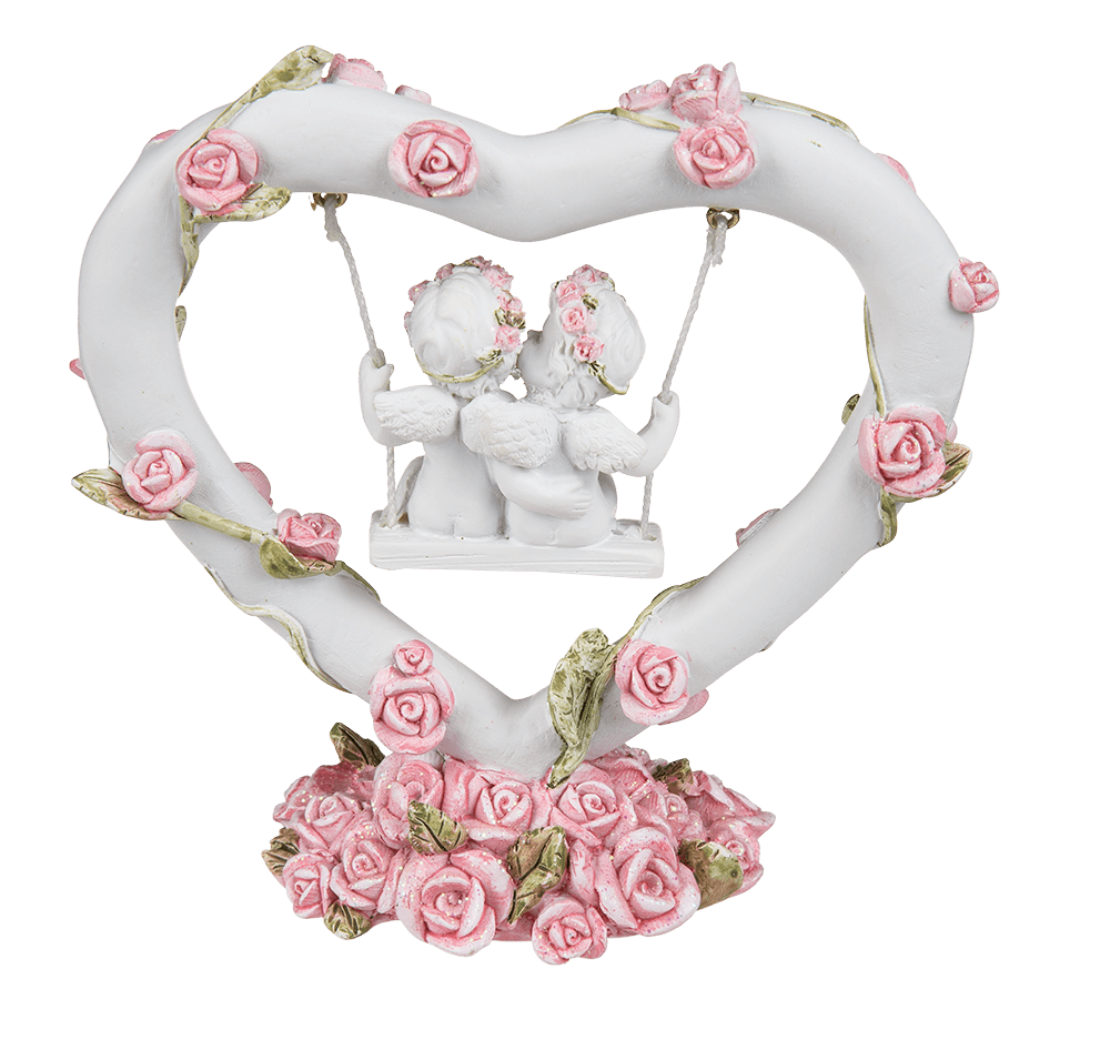 Polyresin angel couple in heart swing with pink,