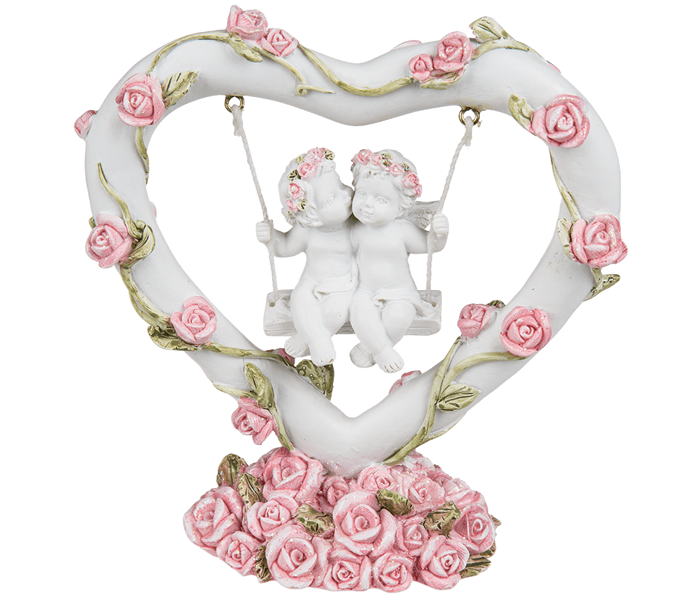 Polyresin angel couple in heart swing with pink,