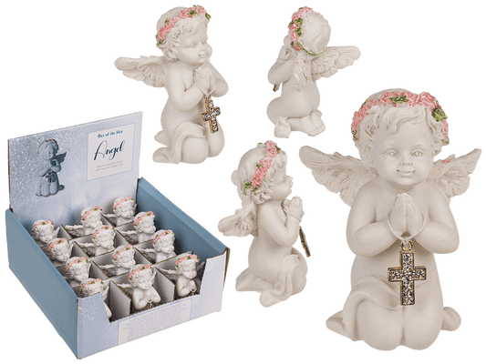 Kneeling polyresin angel with pink coloured