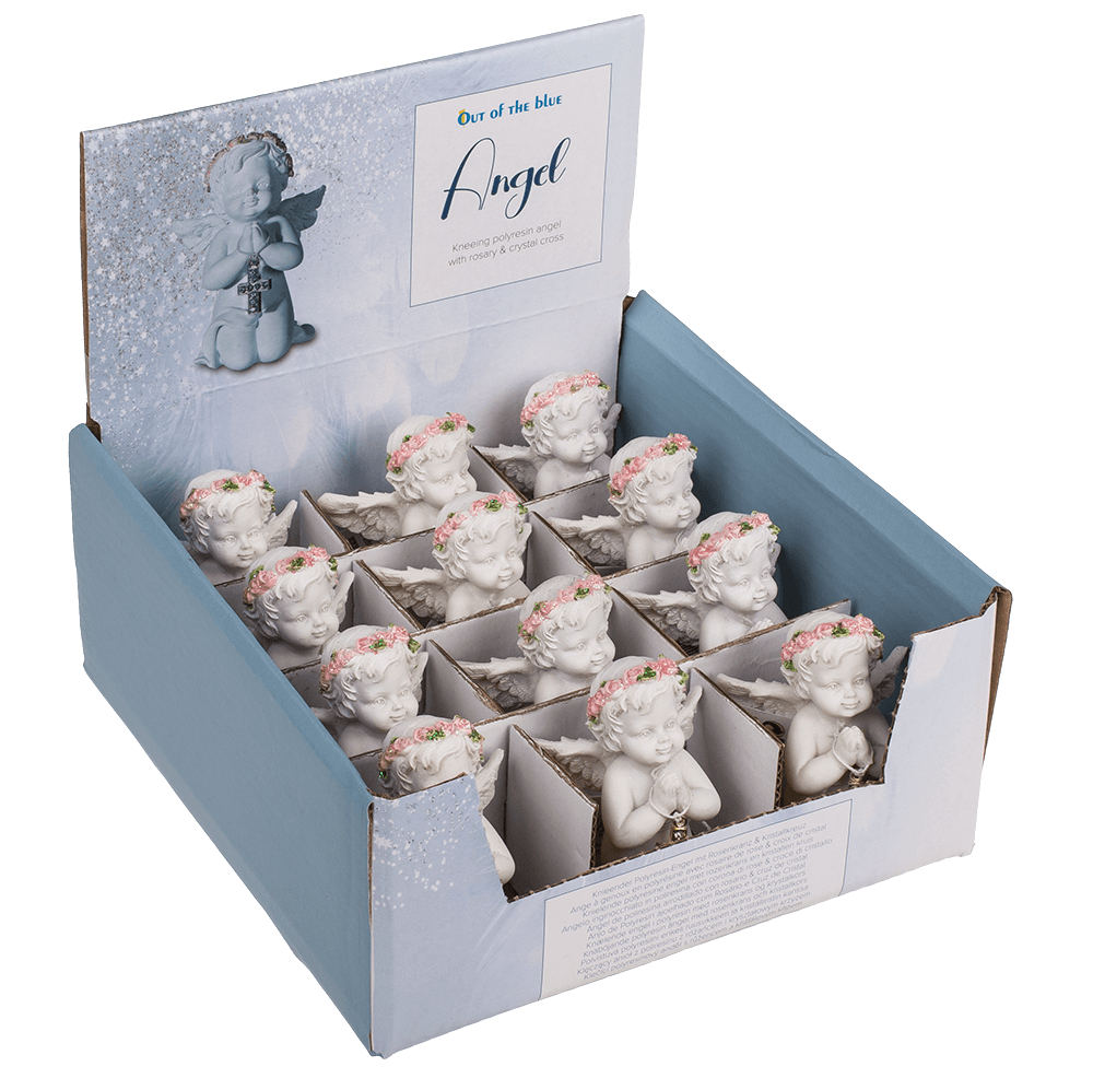 Kneeling polyresin angel with pink coloured