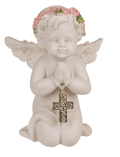 Kneeling polyresin angel with pink coloured