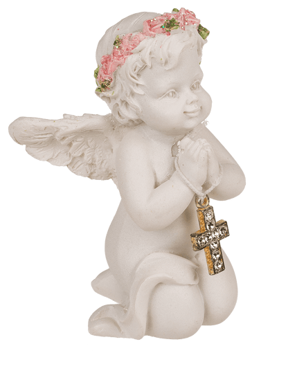 Kneeling polyresin angel with pink coloured