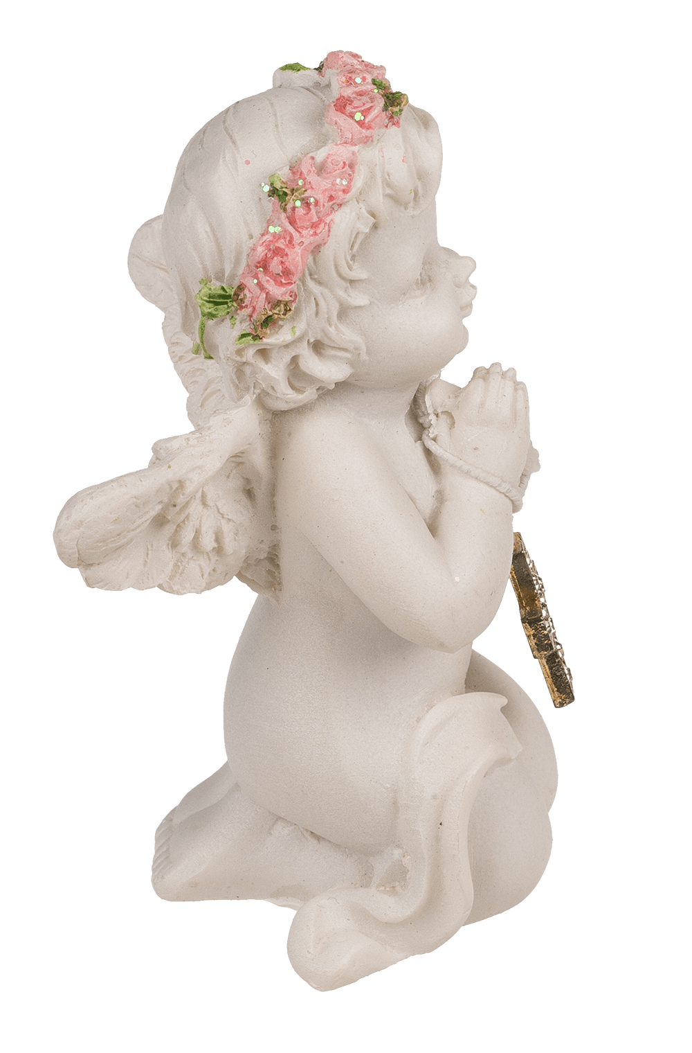 Kneeling polyresin angel with pink coloured