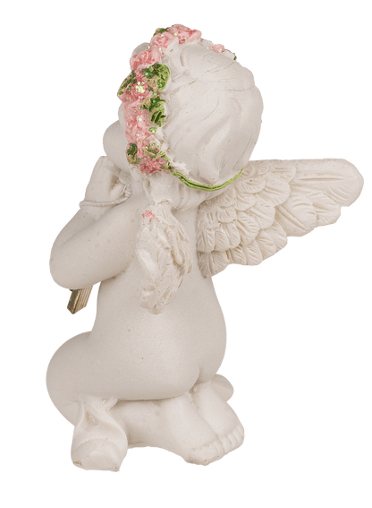 Kneeling polyresin angel with pink coloured