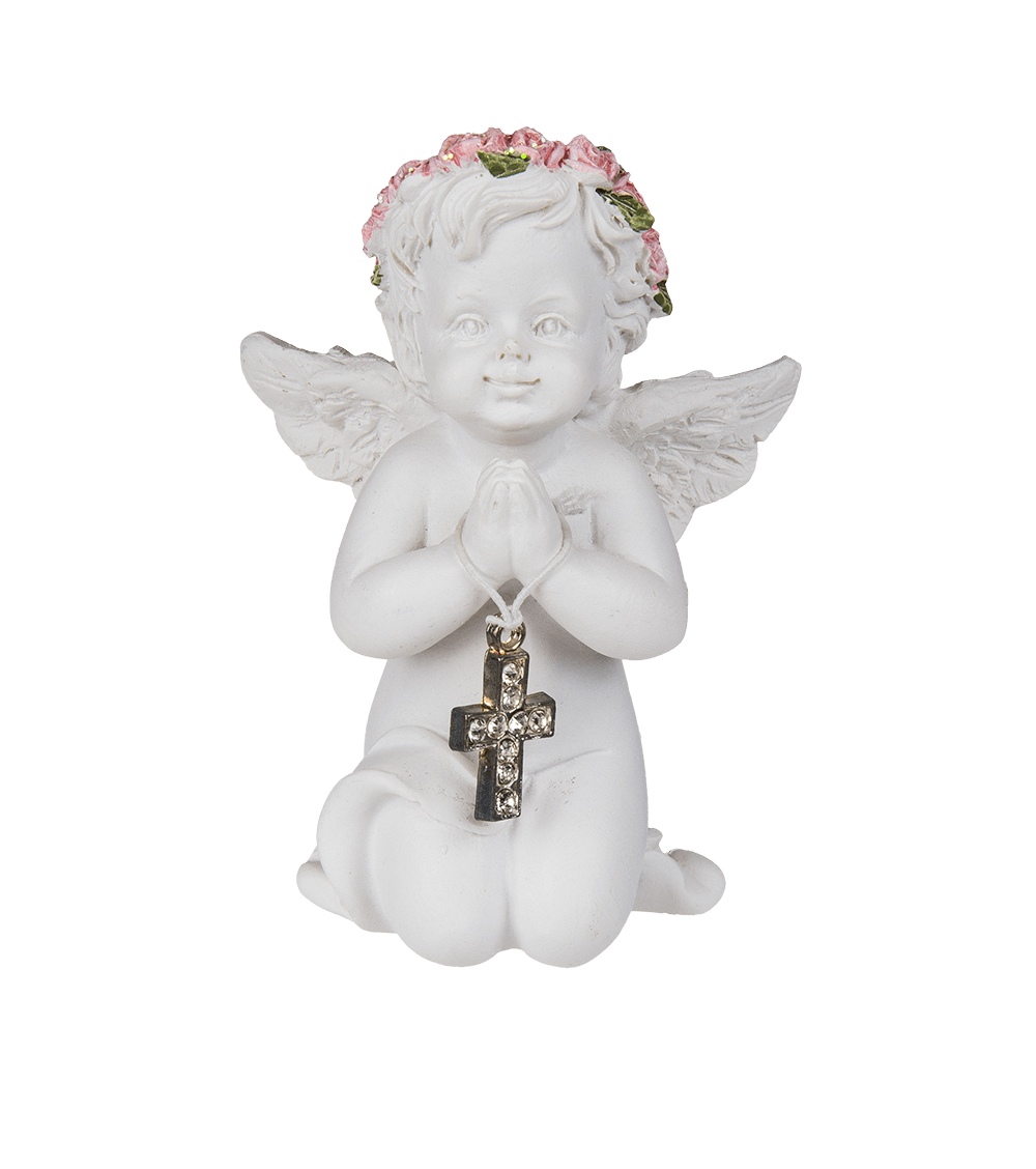 Kneeling polyresin angel with pink coloured