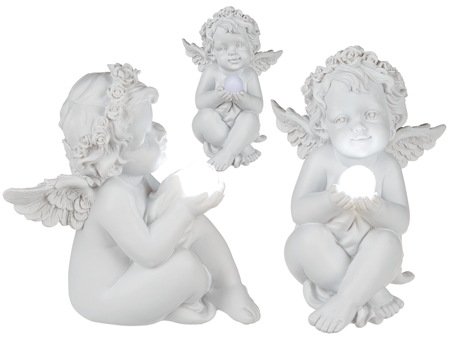 Sitting polyresin angel with LED ball,