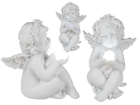 Sitting polyresin angel with LED ball,