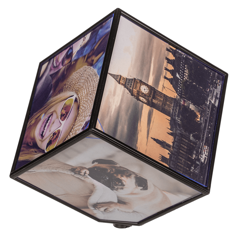 Rotating picture cube for 6 photos 11 x 11 cm,