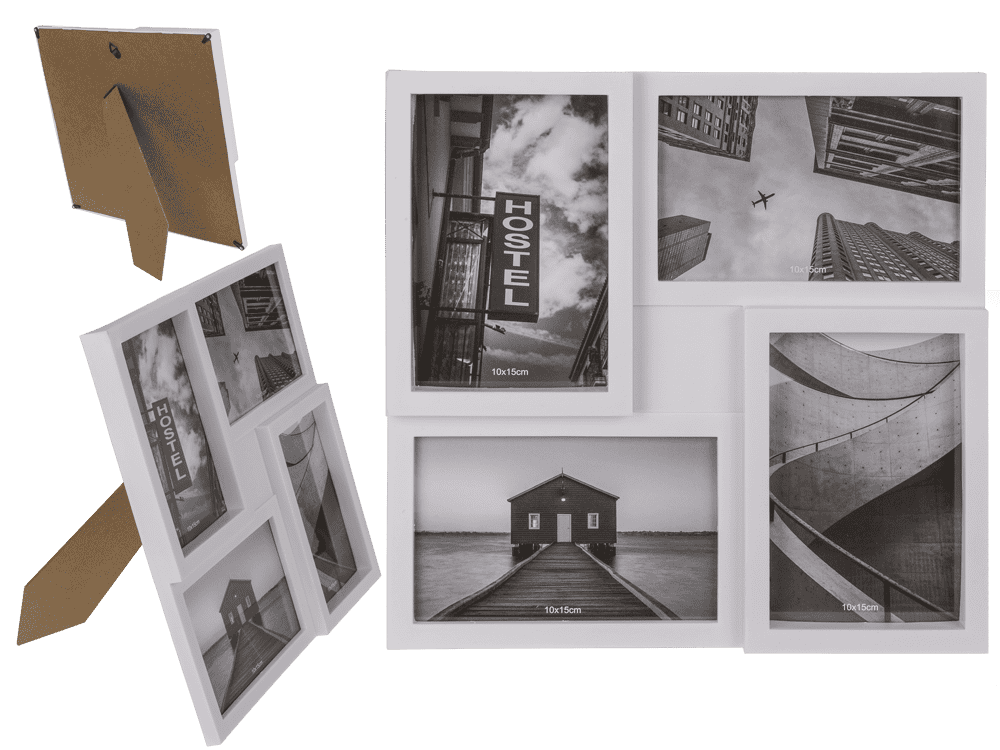 94-2286_000.png Witte fotolijst voor 4 fotos van 10 x 15 cm, afmetingen ca. 28 x 28 cm, van plastic met staander.