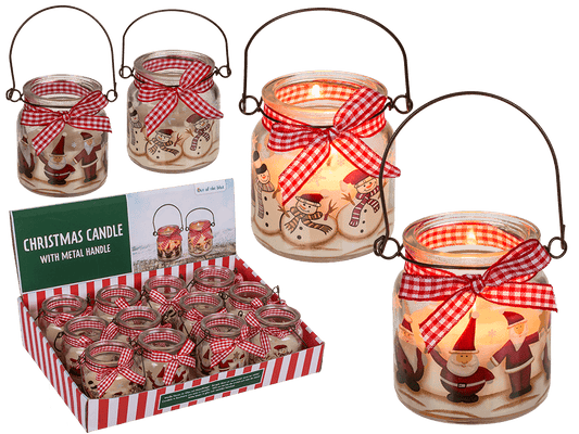 Candle in glass with metal handle,