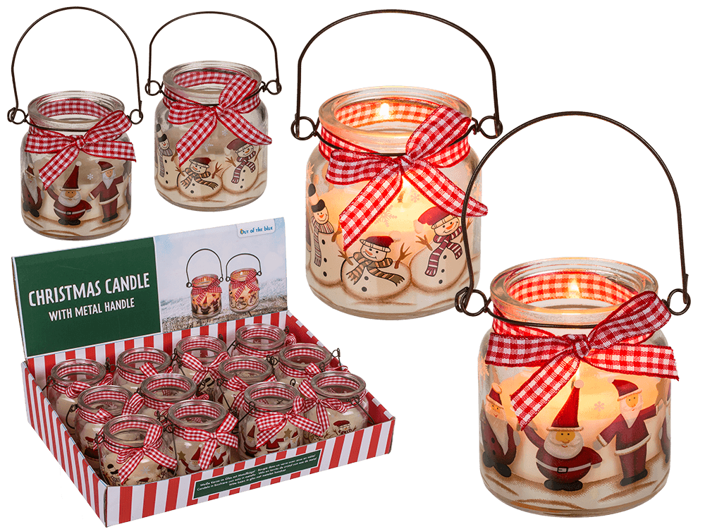 Candle in glass with metal handle,