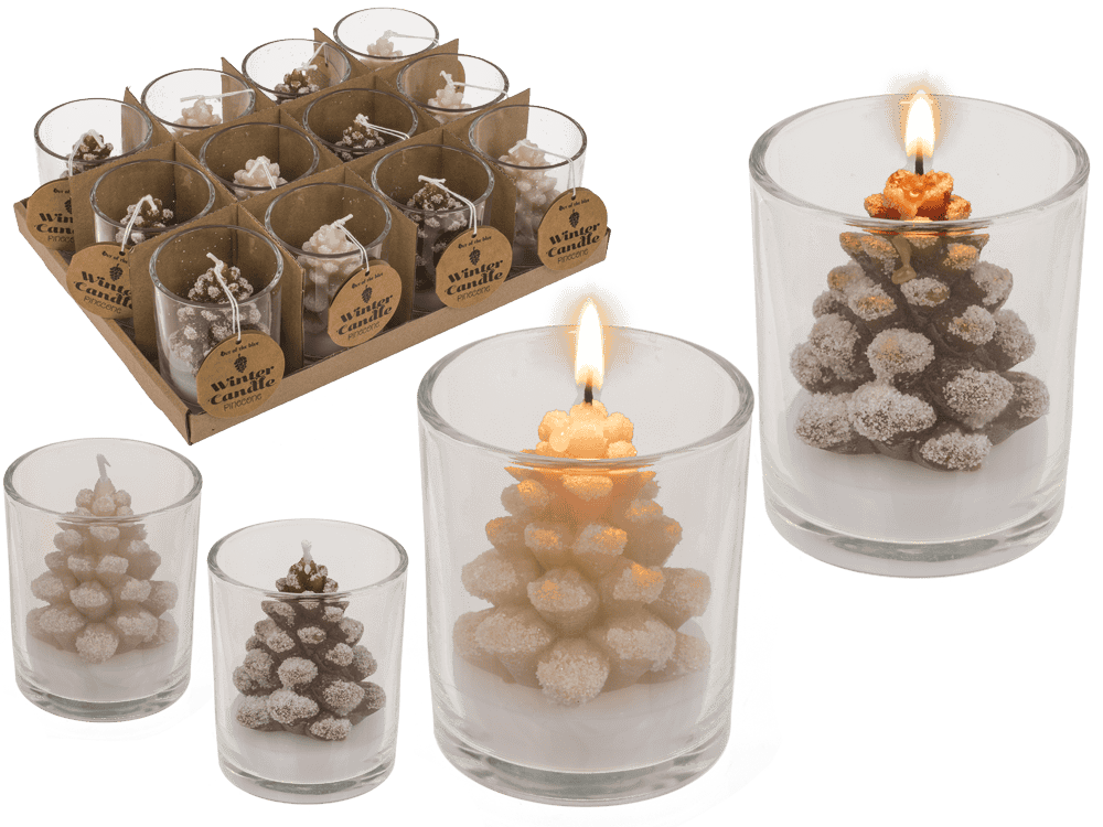 Candle, pine cone, in glass,