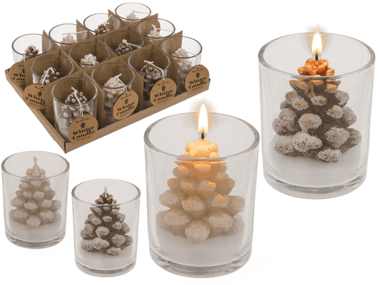 Candle, pine cone, in glass,