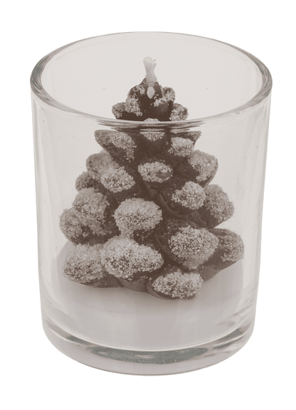 Candle, pine cone, in glass,
