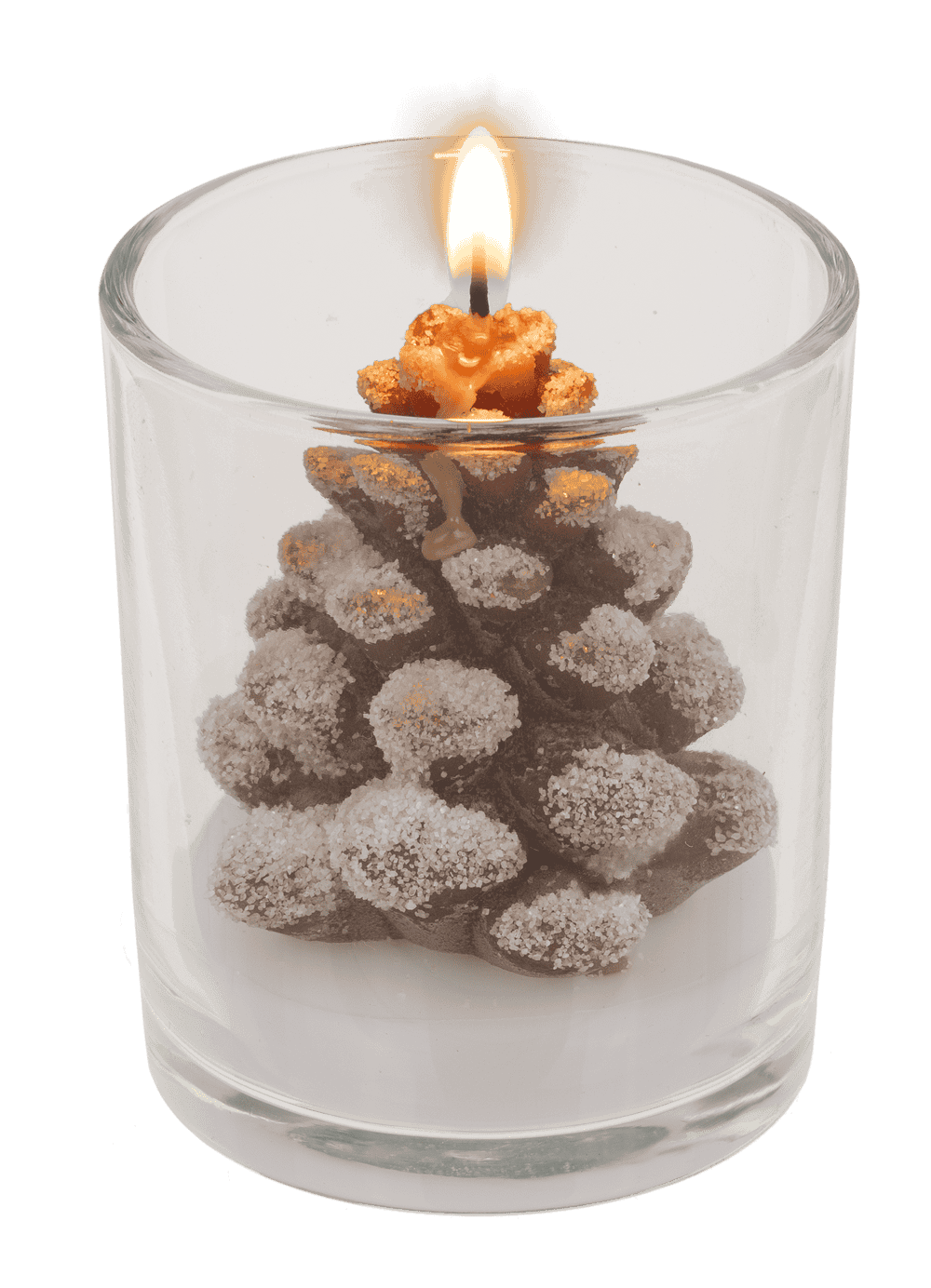 Candle, pine cone, in glass,