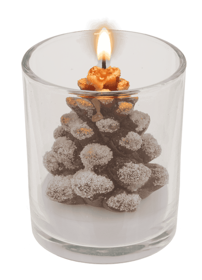 Candle, pine cone, in glass,