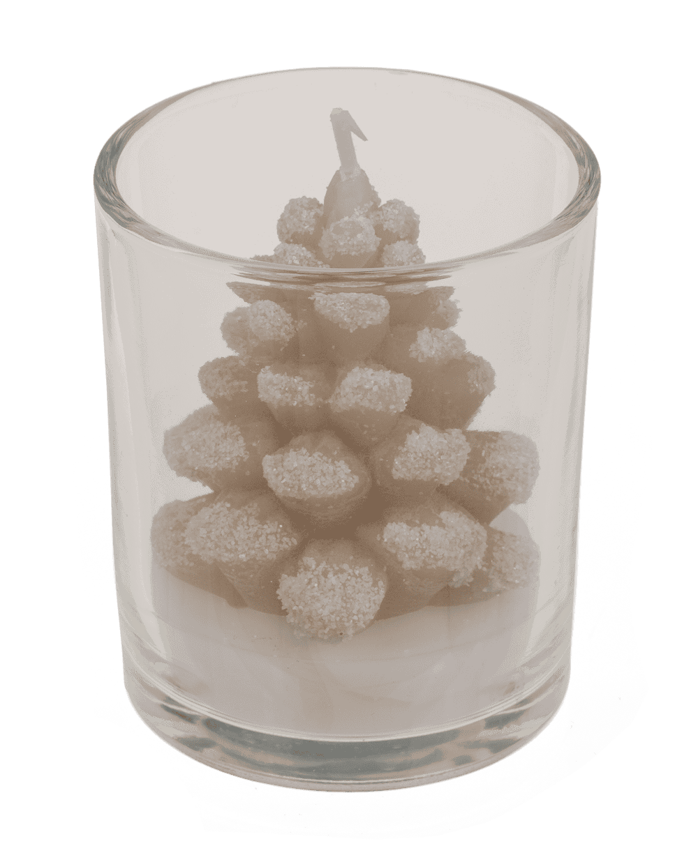 Candle, pine cone, in glass,