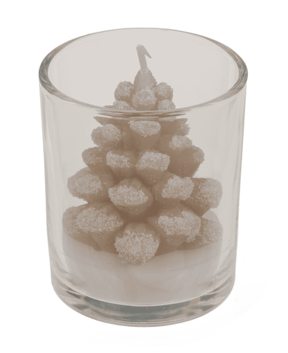 Candle, pine cone, in glass,