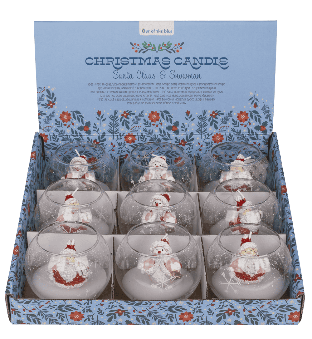 Candle in glass, Snowman and Santa,