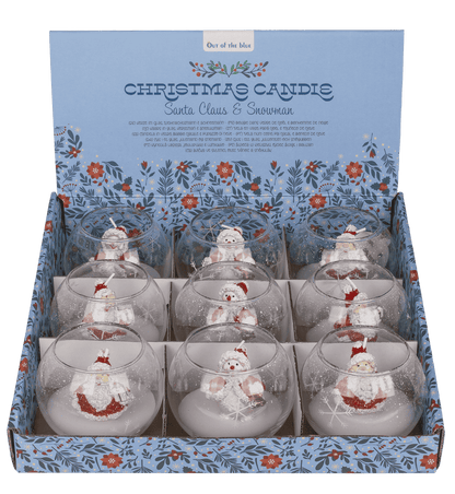 Candle in glass, Snowman and Santa,