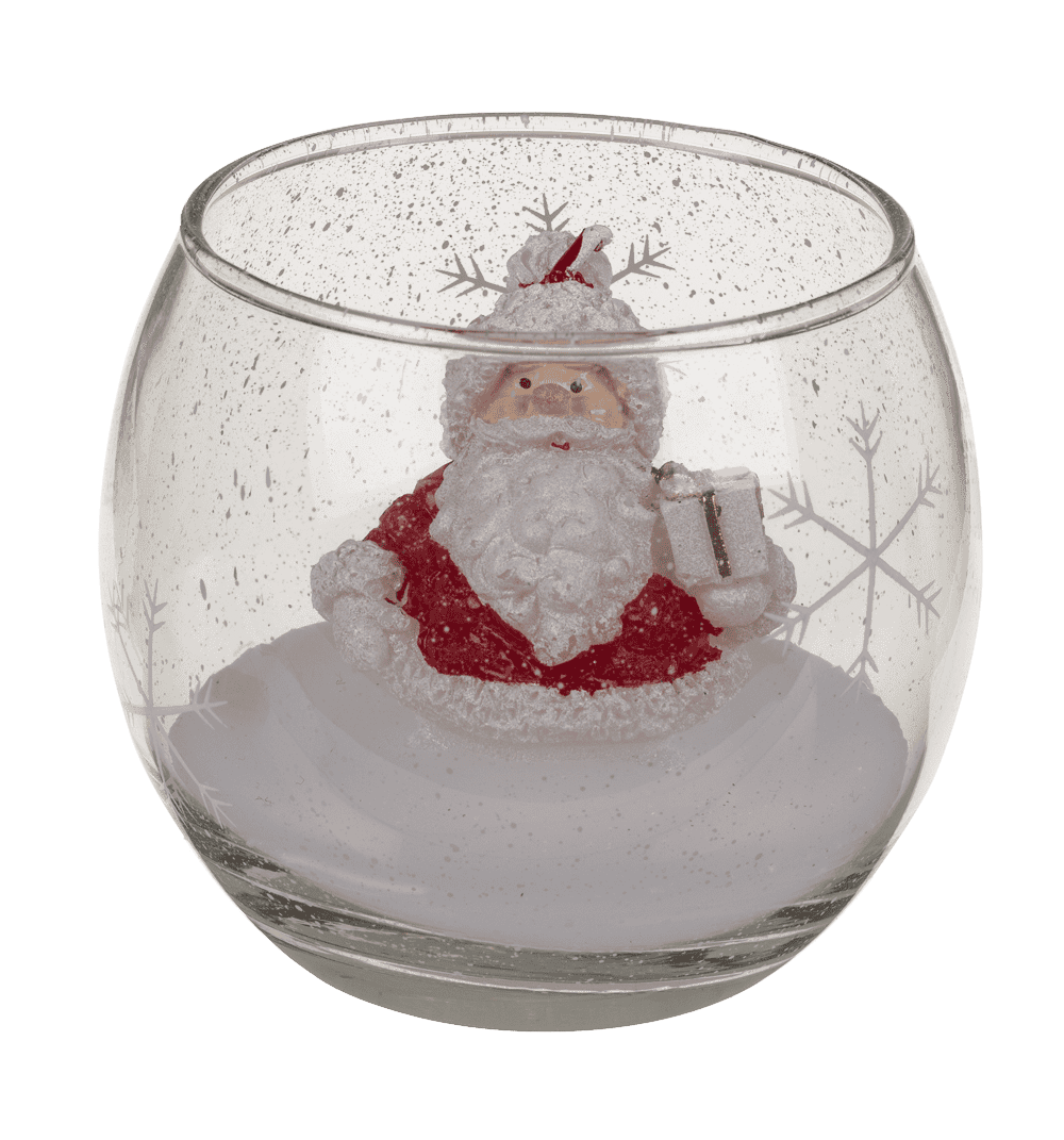 Candle in glass, Snowman and Santa,