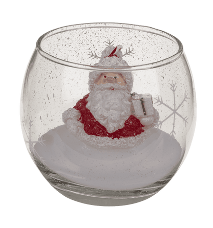 Candle in glass, Snowman and Santa,