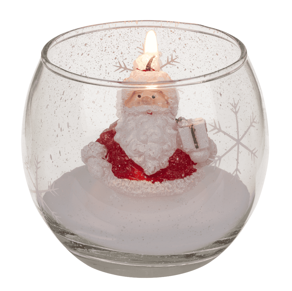 Candle in glass, Snowman and Santa,