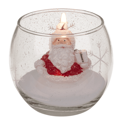 Candle in glass, Snowman and Santa,