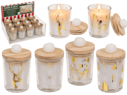 Candle in glass, with wooden lid & pompom,