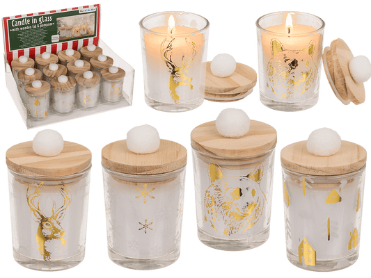 Candle in glass, with wooden lid & pompom,