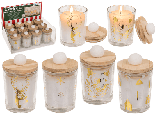 Candle in glass, with wooden lid & pompom,