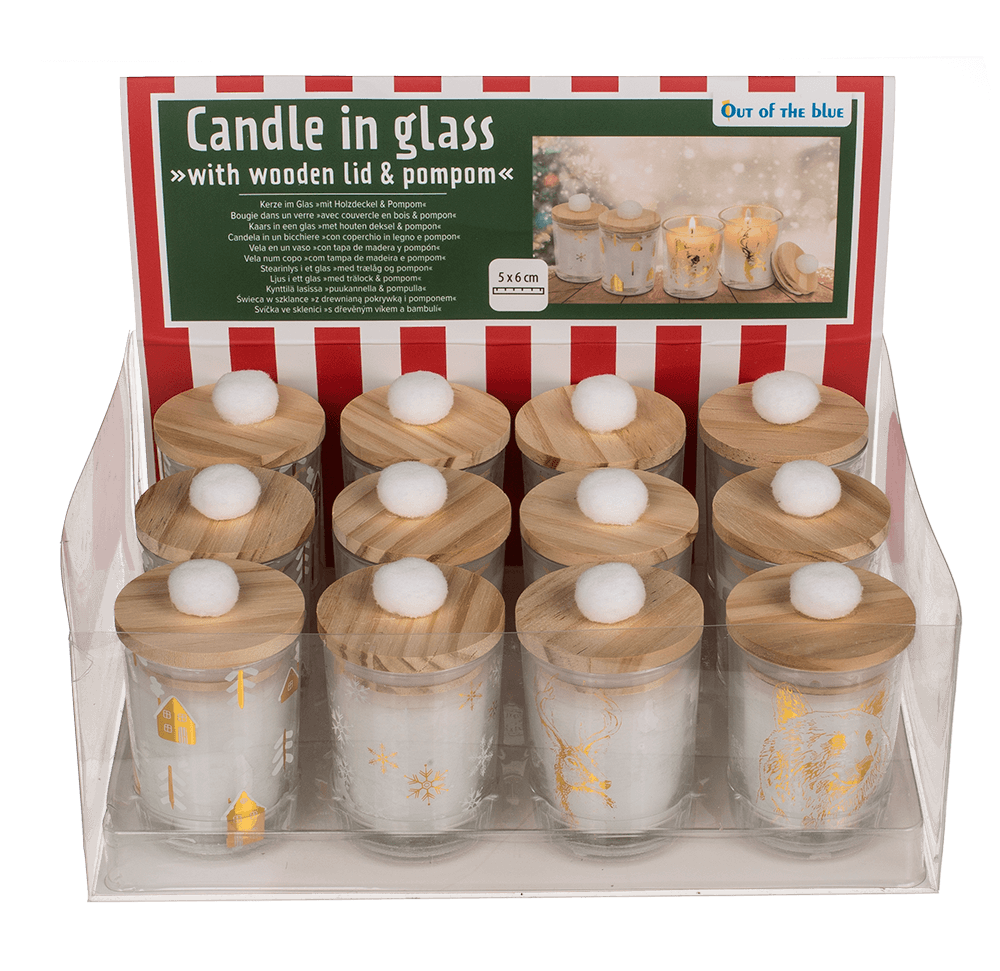 Candle in glass, with wooden lid & pompom,