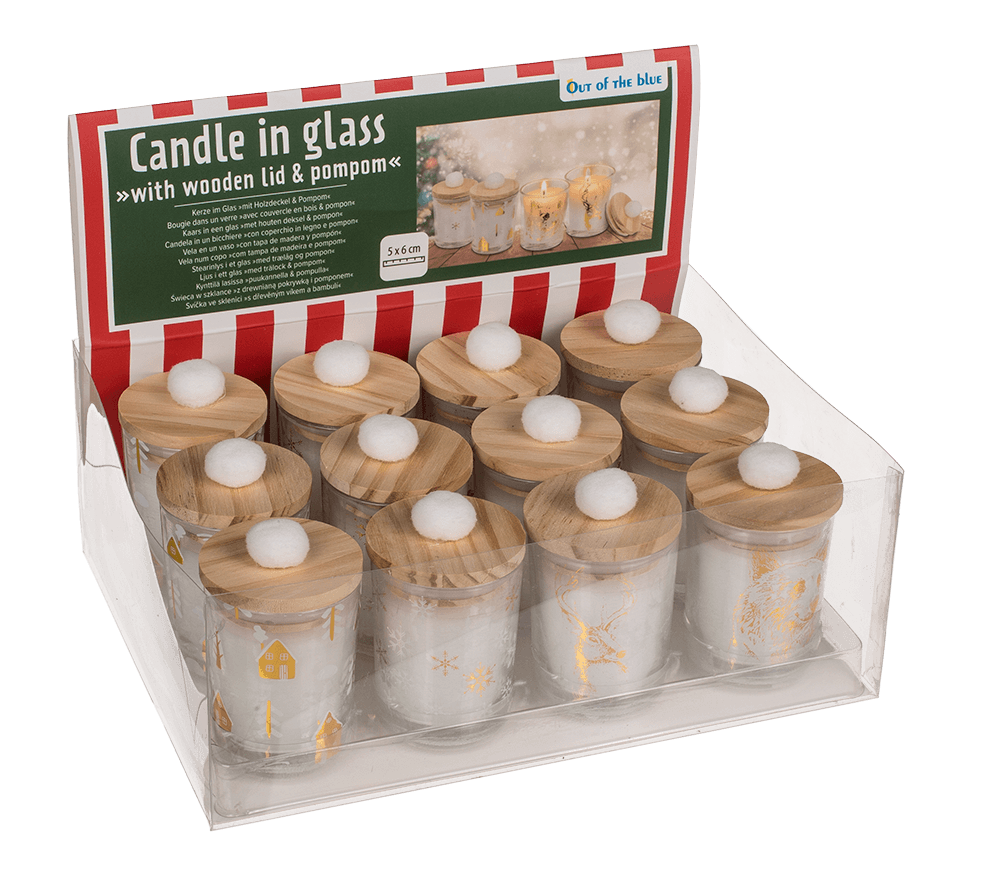 Candle in glass, with wooden lid & pompom,