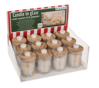 Candle in glass, with wooden lid & pompom,