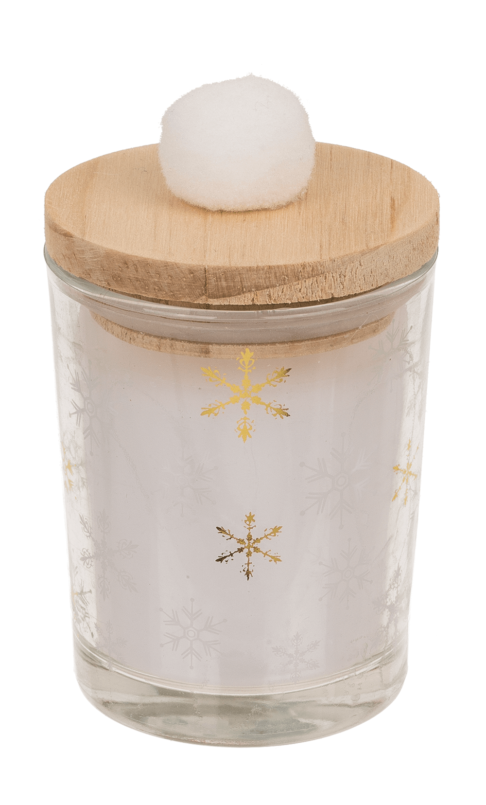 Candle in glass, with wooden lid & pompom,