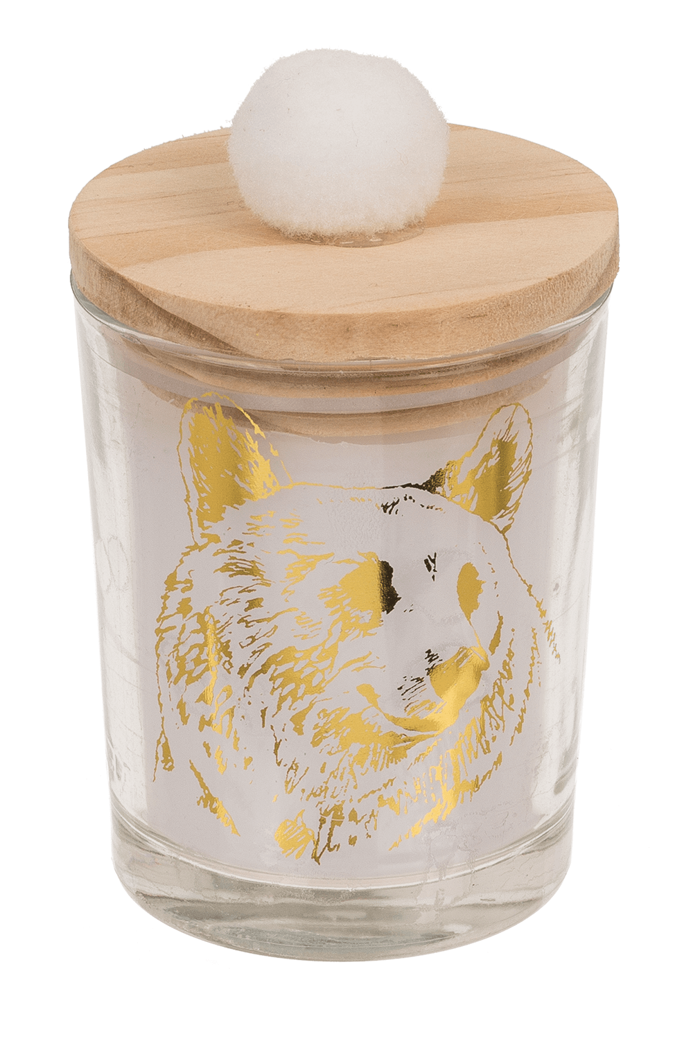 Candle in glass, with wooden lid & pompom,
