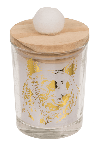 Candle in glass, with wooden lid & pompom,